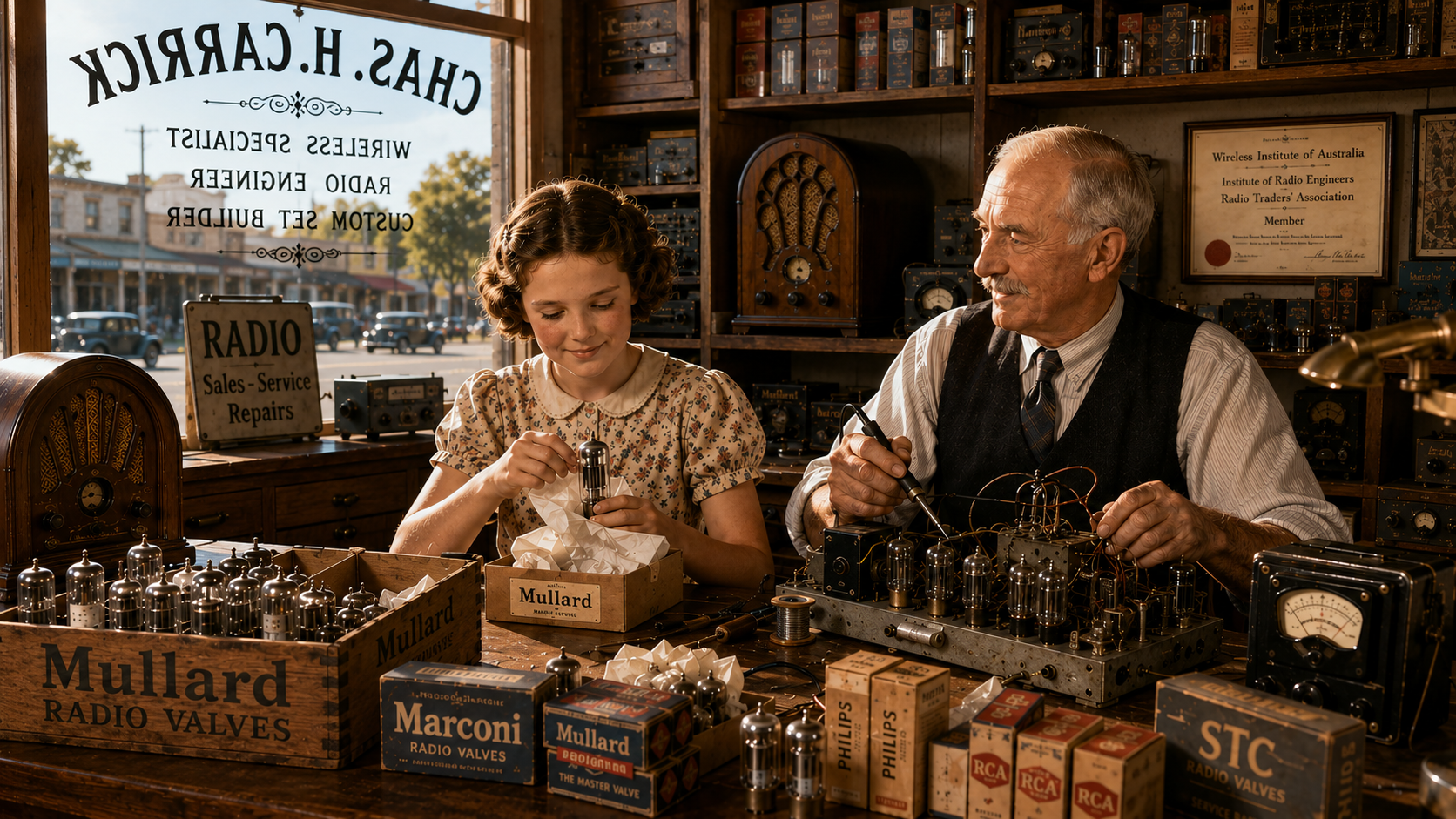 Charles Carrick and a younger family member working among early radios and electronic components.